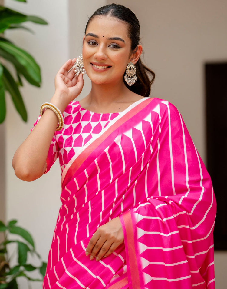 Pink Silk Printed Zari Border Saree