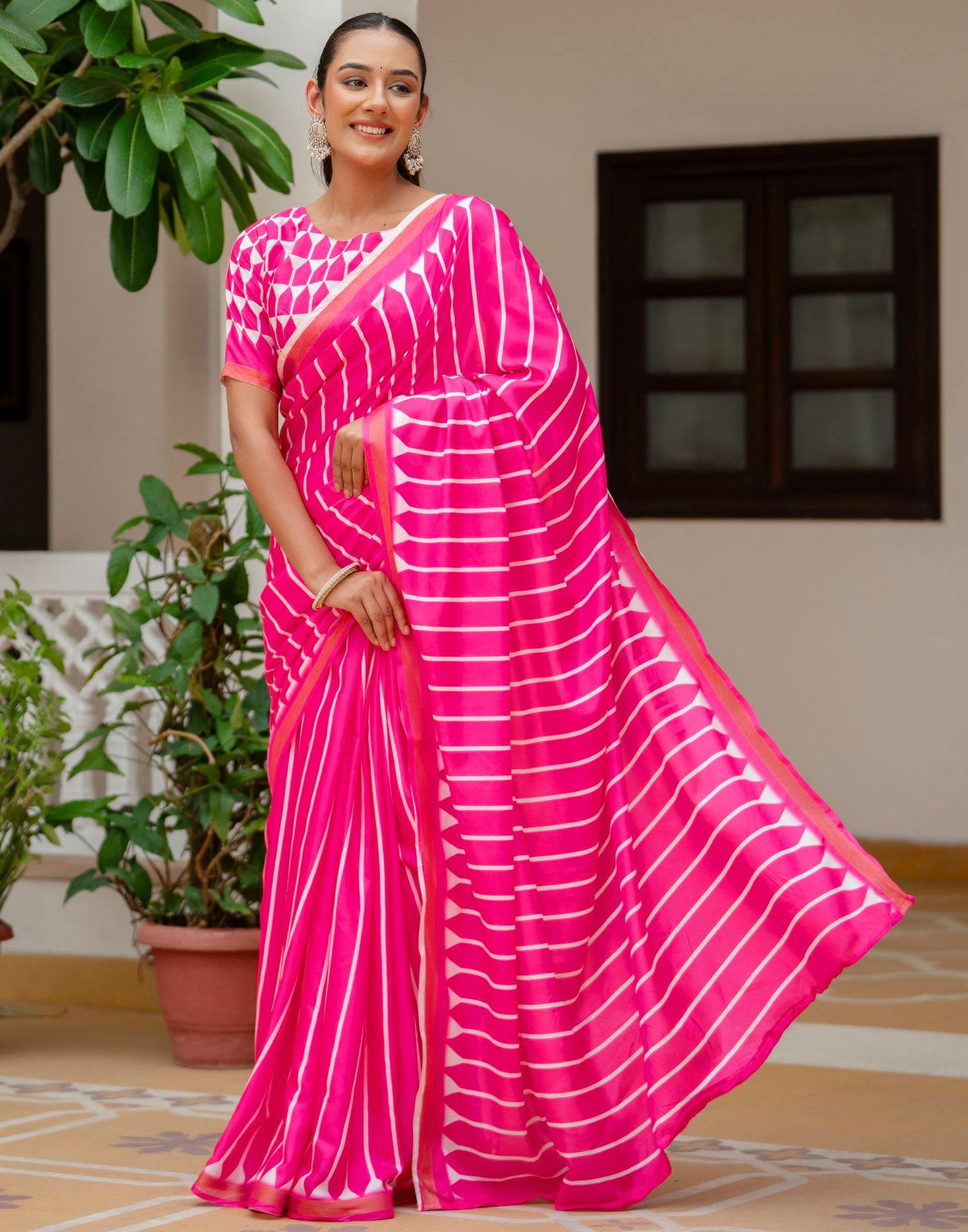 Pink Silk Printed Zari Border Saree