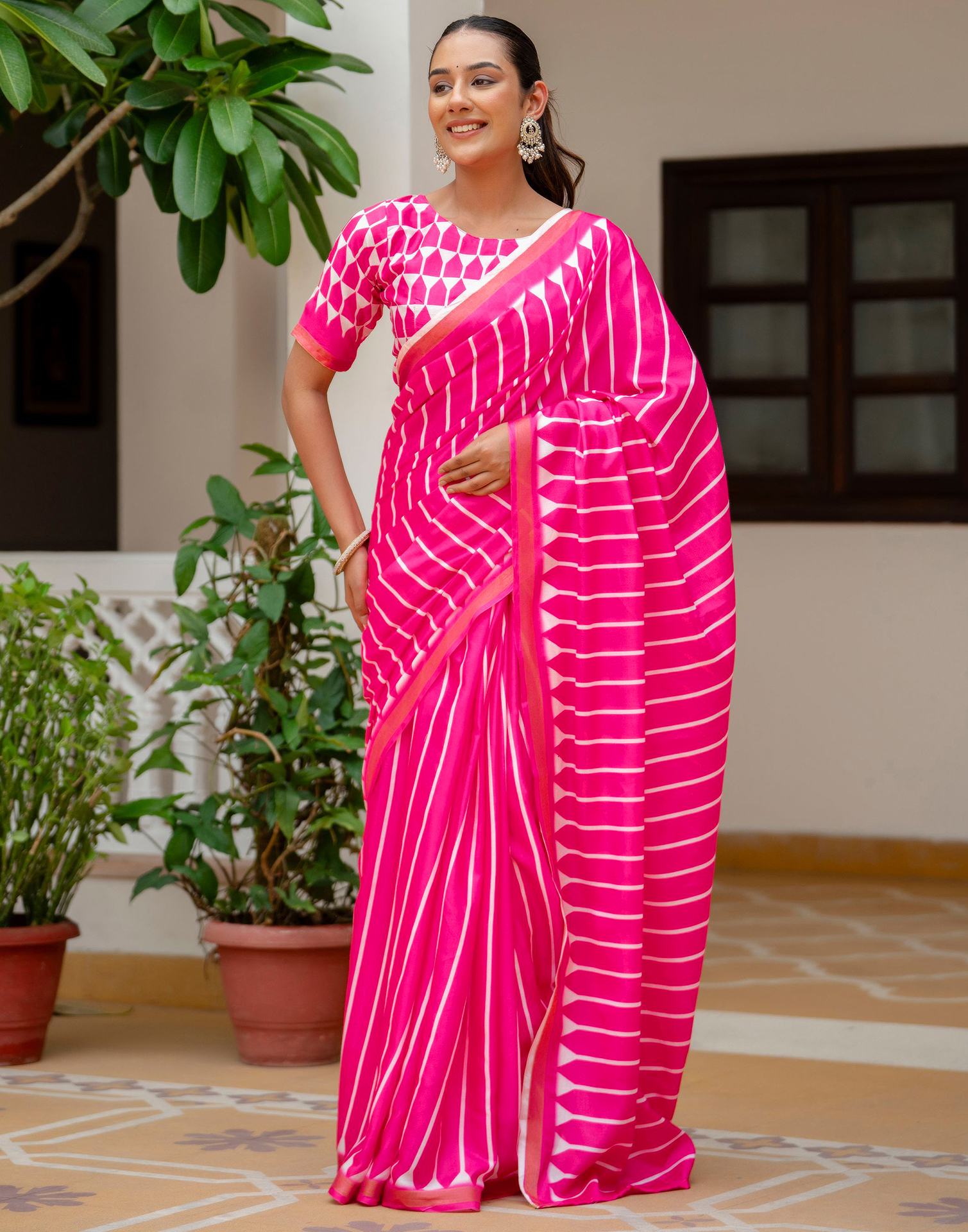 Pink Silk Printed Zari Border Saree