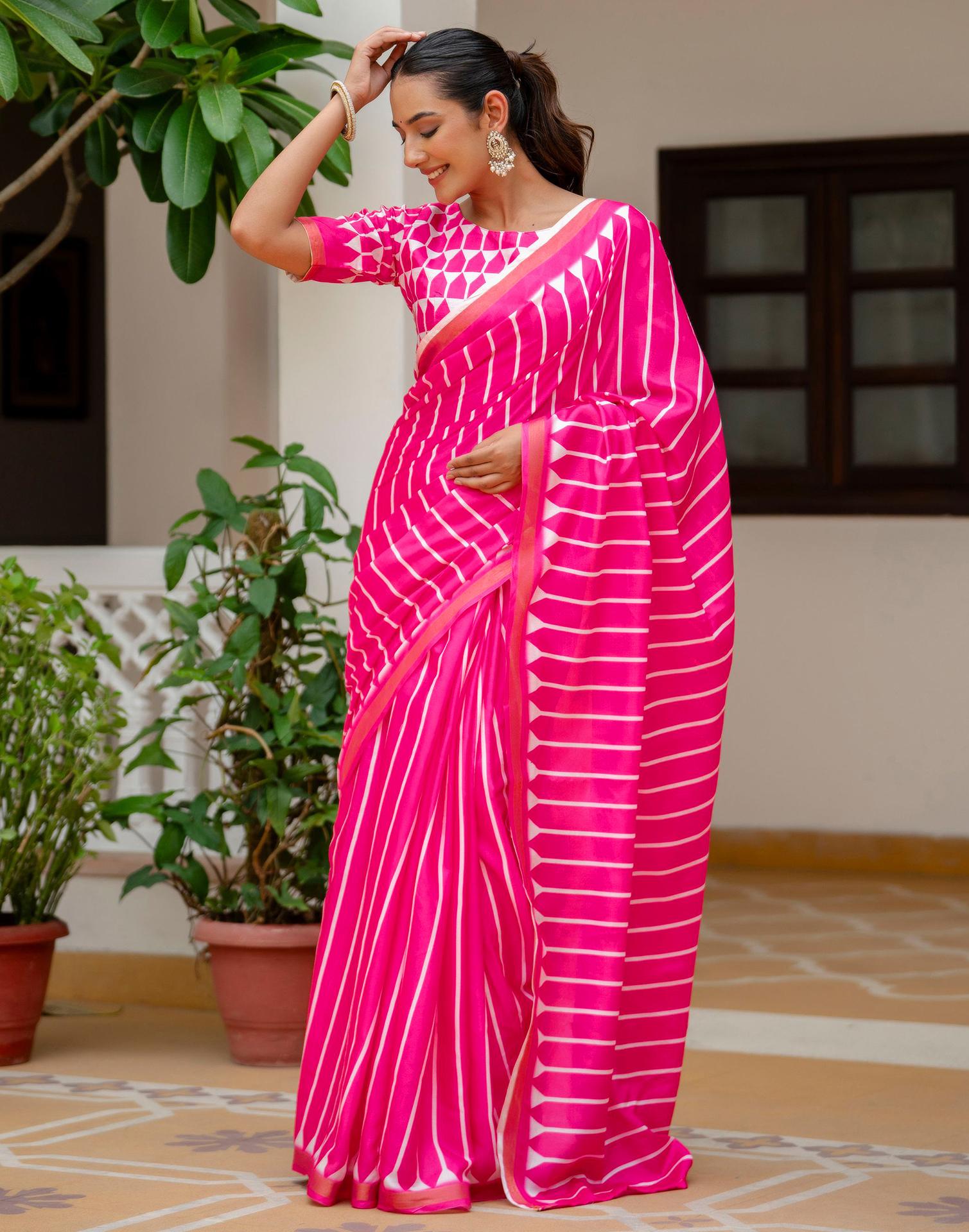 Pink Silk Printed Zari Border Saree
