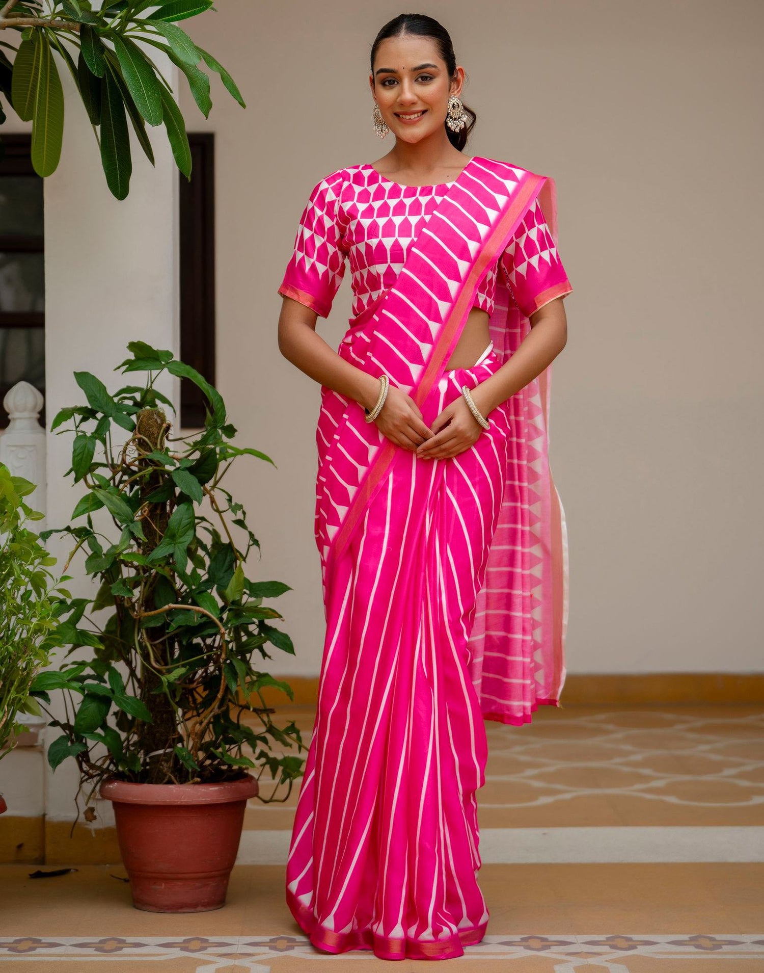 Pink Silk Printed Zari Border Saree