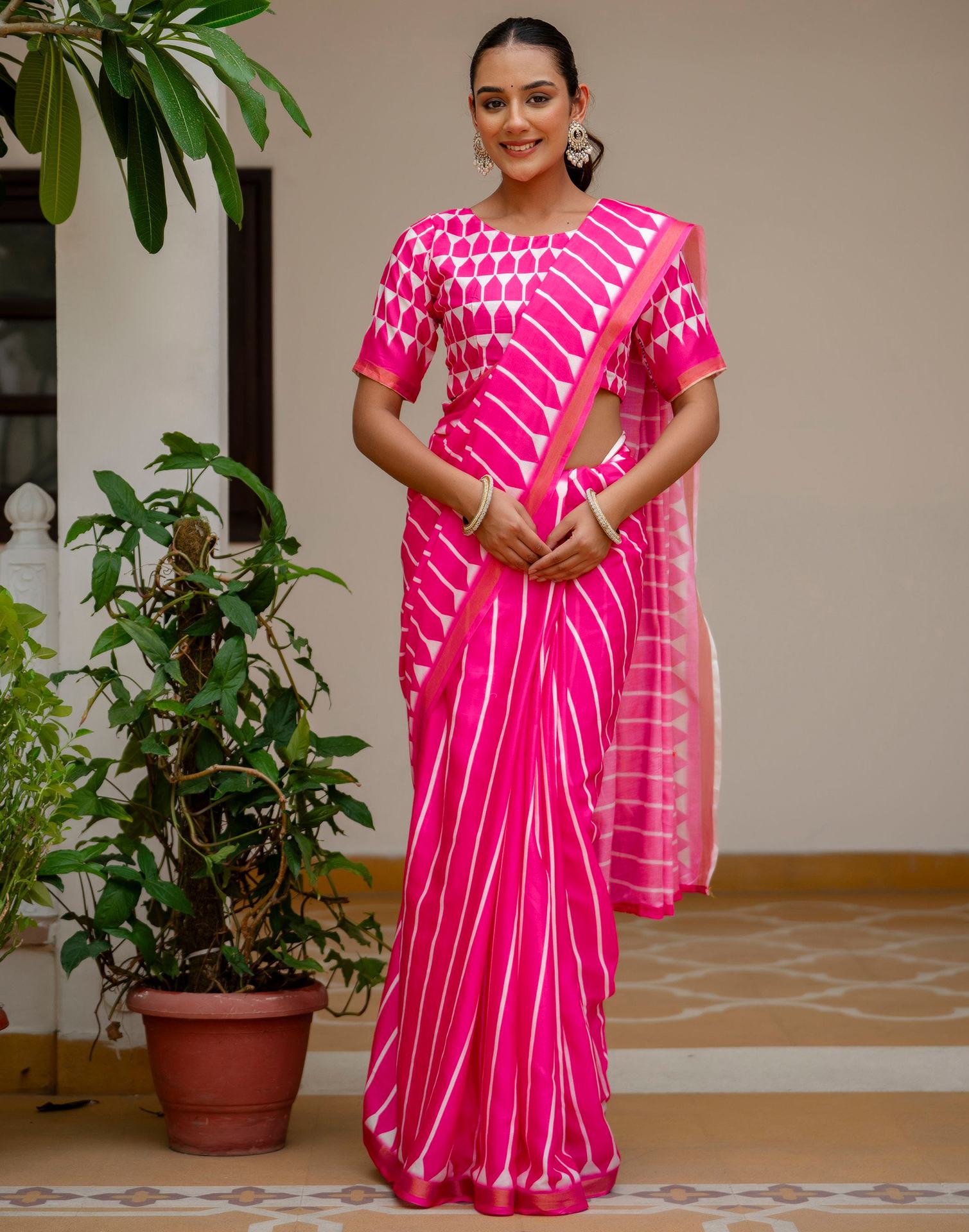 Pink Silk Printed Zari Border Saree