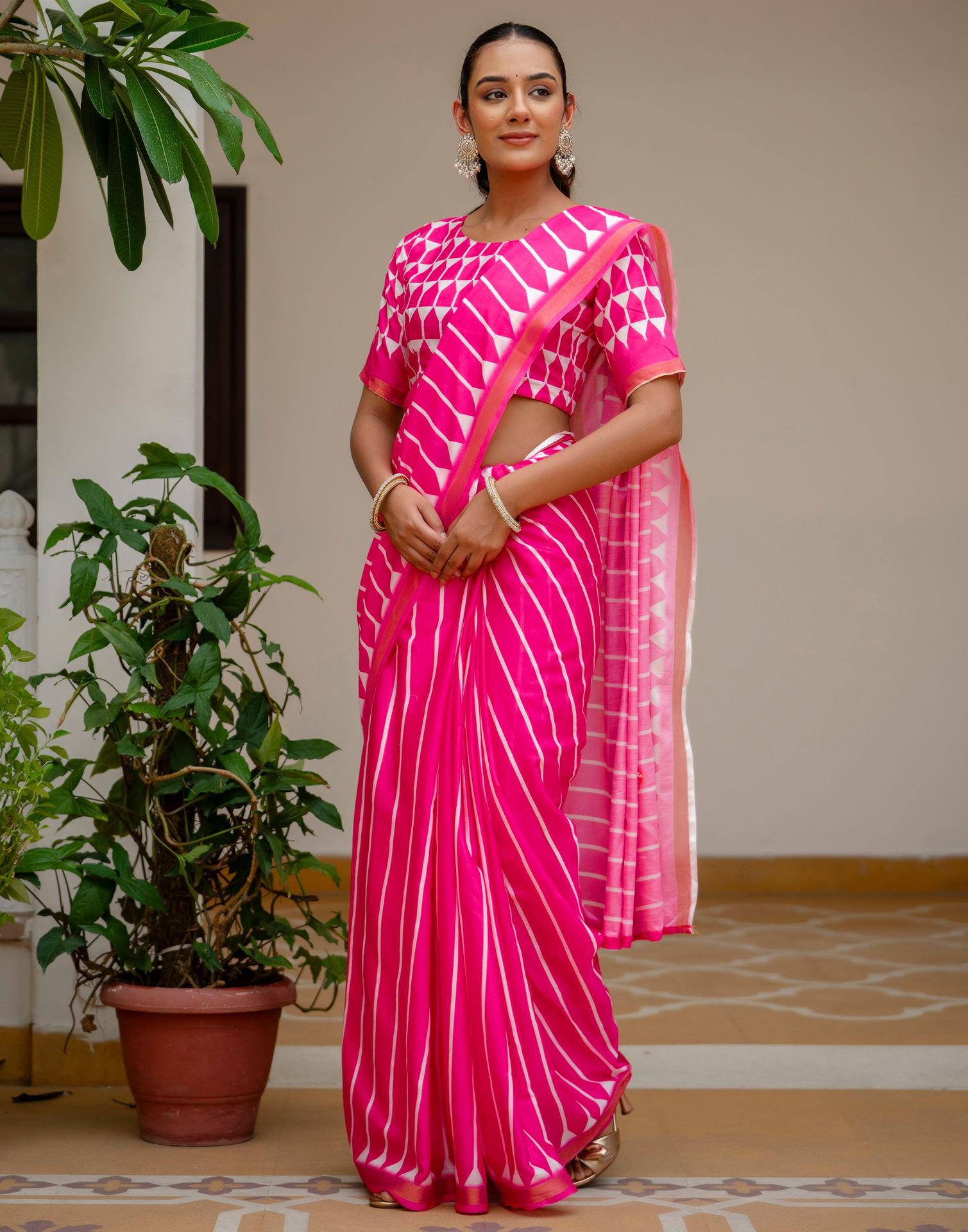 Pink Silk Printed Zari Border Saree