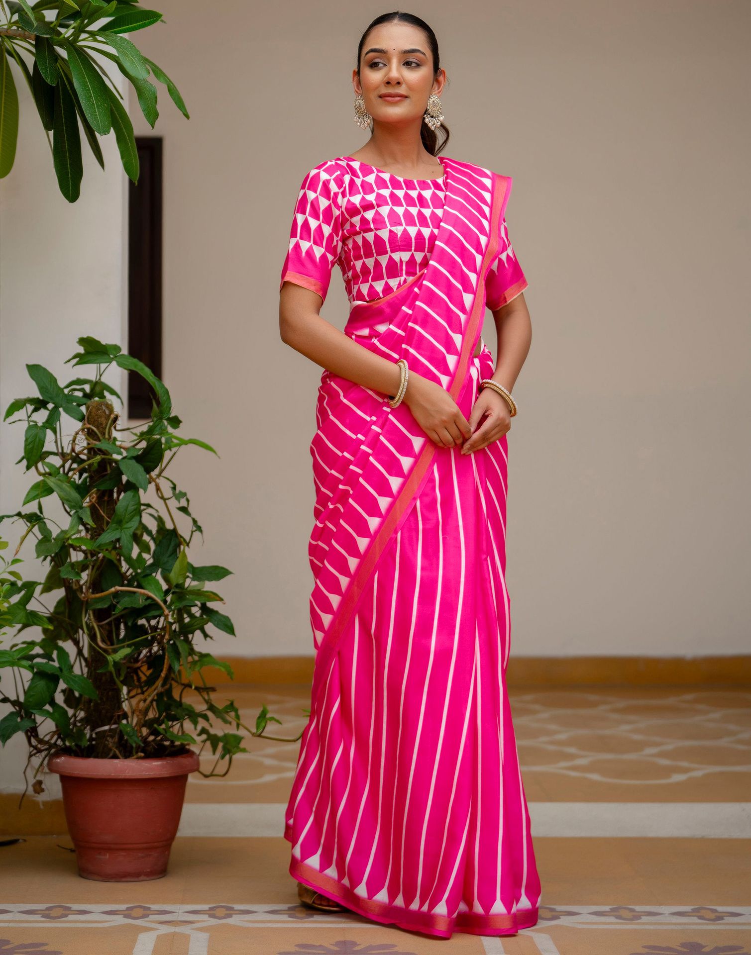 Pink Silk Printed Zari Border Saree