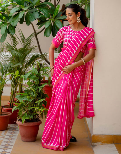 Pink Silk Printed Zari Border Saree