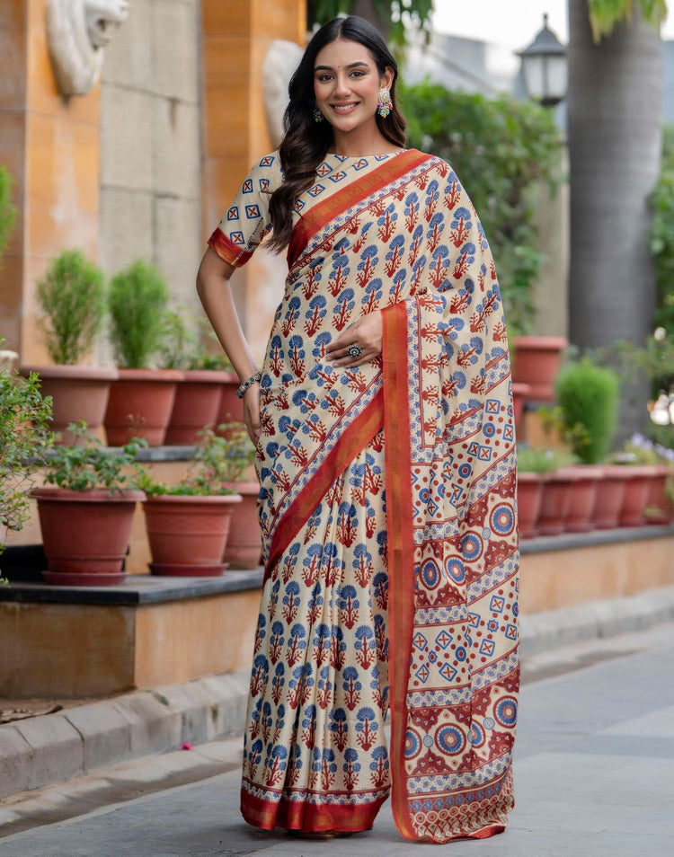 Beige Silk Printed Zari Border Saree
