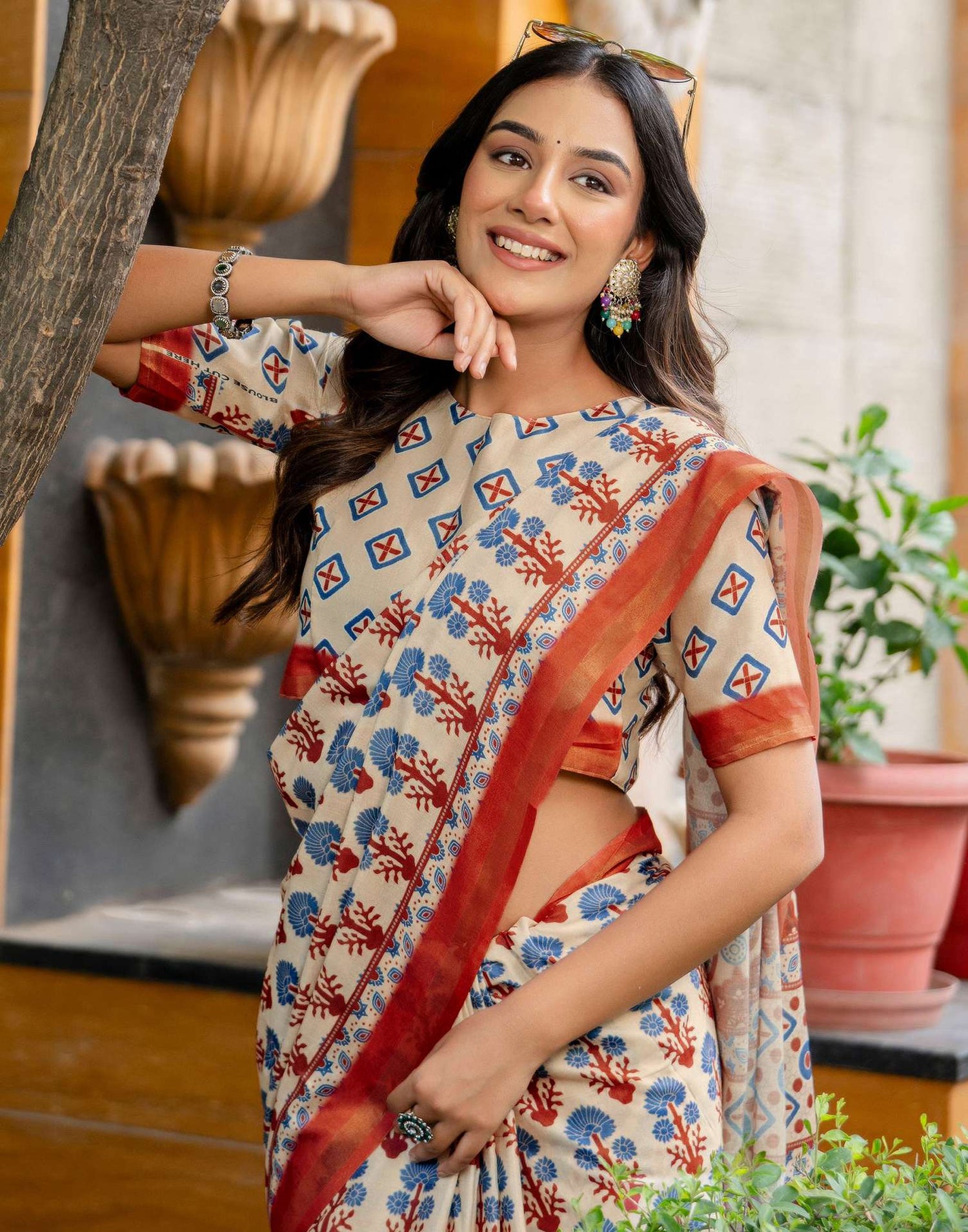 Beige Silk Printed Zari Border Saree