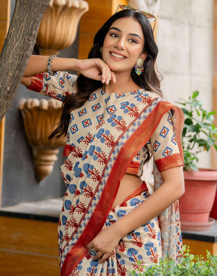 Beige Silk Printed Zari Border Saree