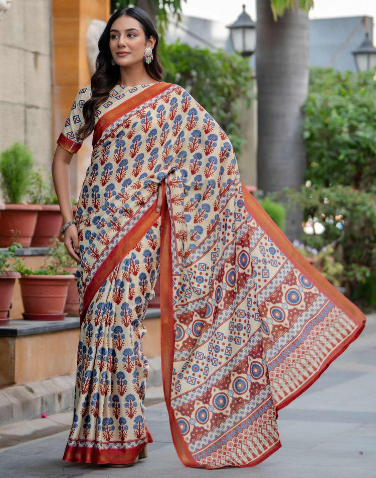 Beige Silk Printed Zari Border Saree