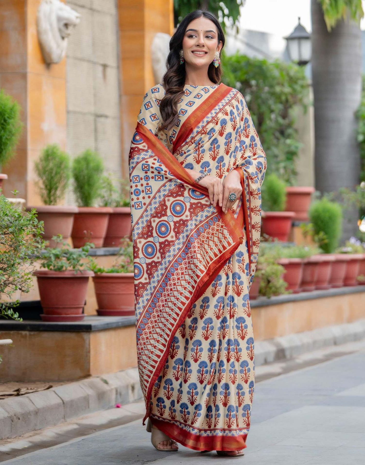 Beige Silk Printed Zari Border Saree