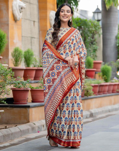 Beige Silk Printed Zari Border Saree