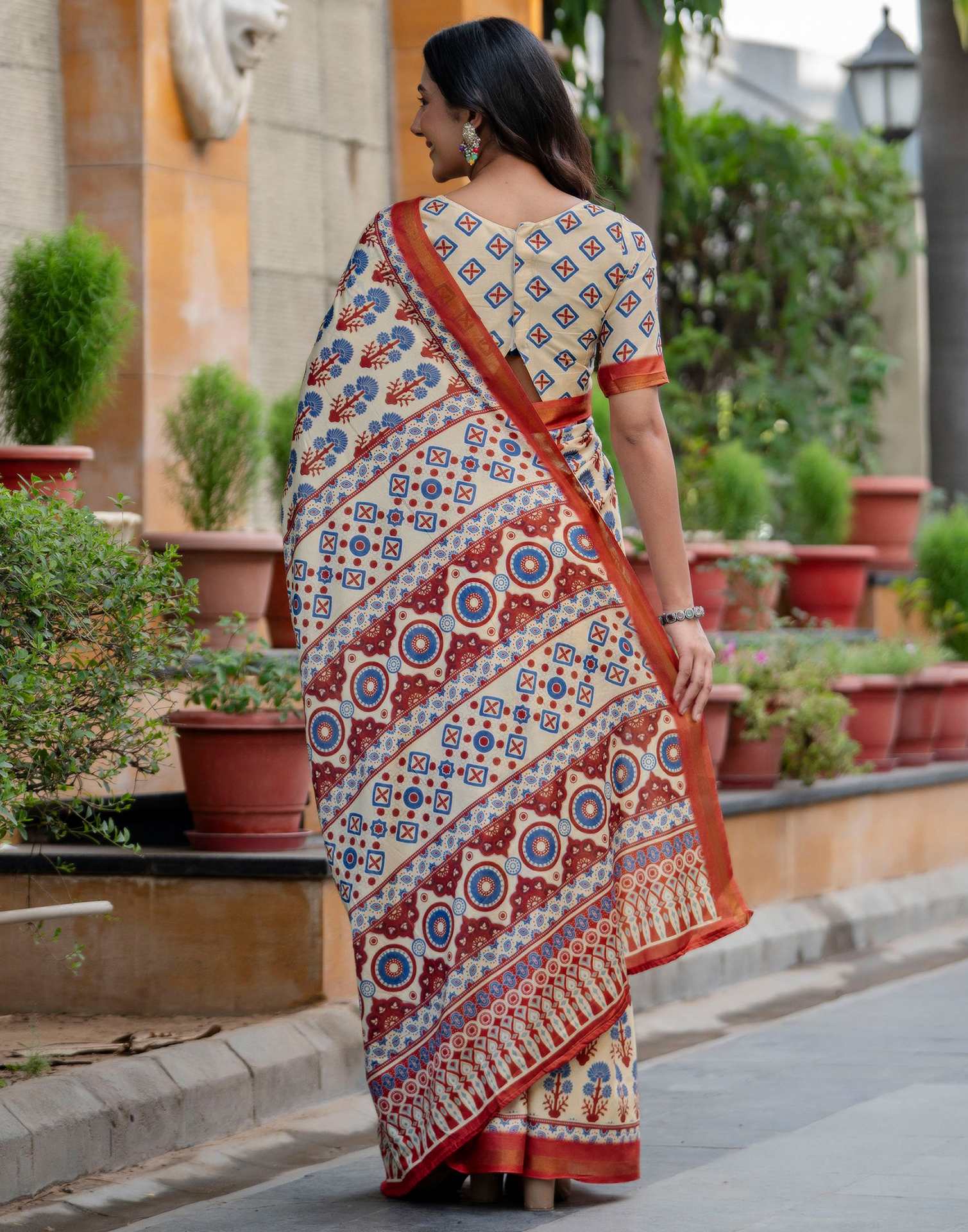 Beige Silk Printed Zari Border Saree