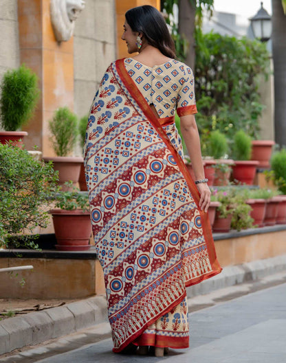 Beige Silk Printed Zari Border Saree