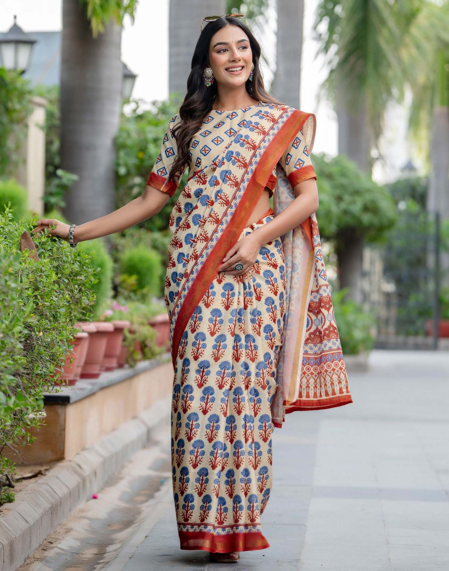 Beige Silk Printed Zari Border Saree