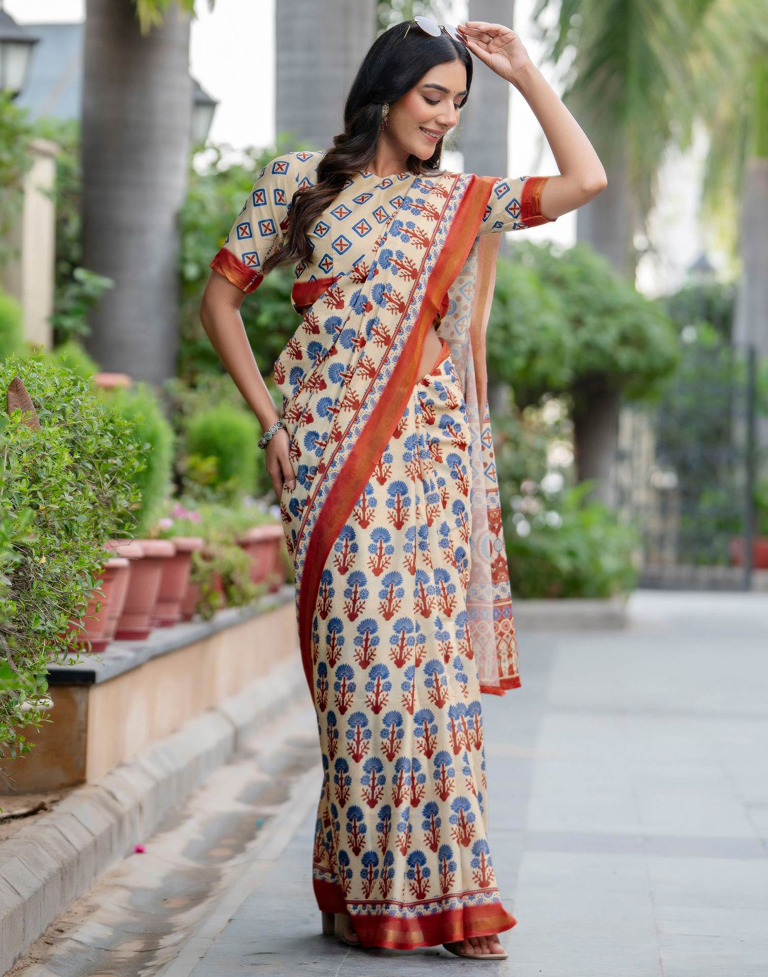 Beige Silk Printed Zari Border Saree