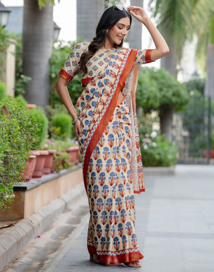 Beige Silk Printed Zari Border Saree