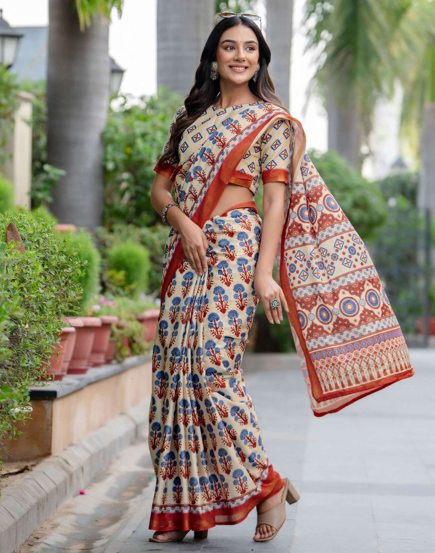 Beige Silk Printed Zari Border Saree