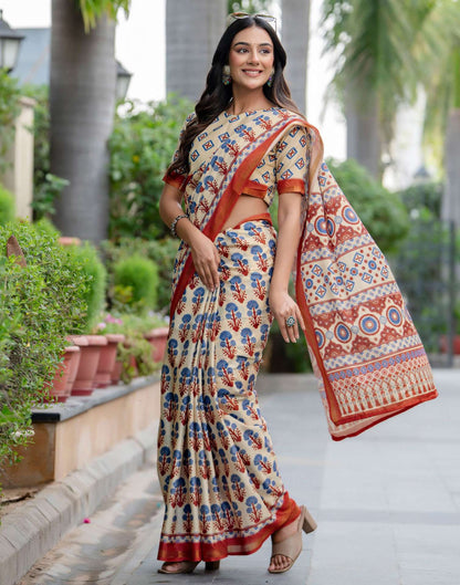 Beige Silk Printed Zari Border Saree