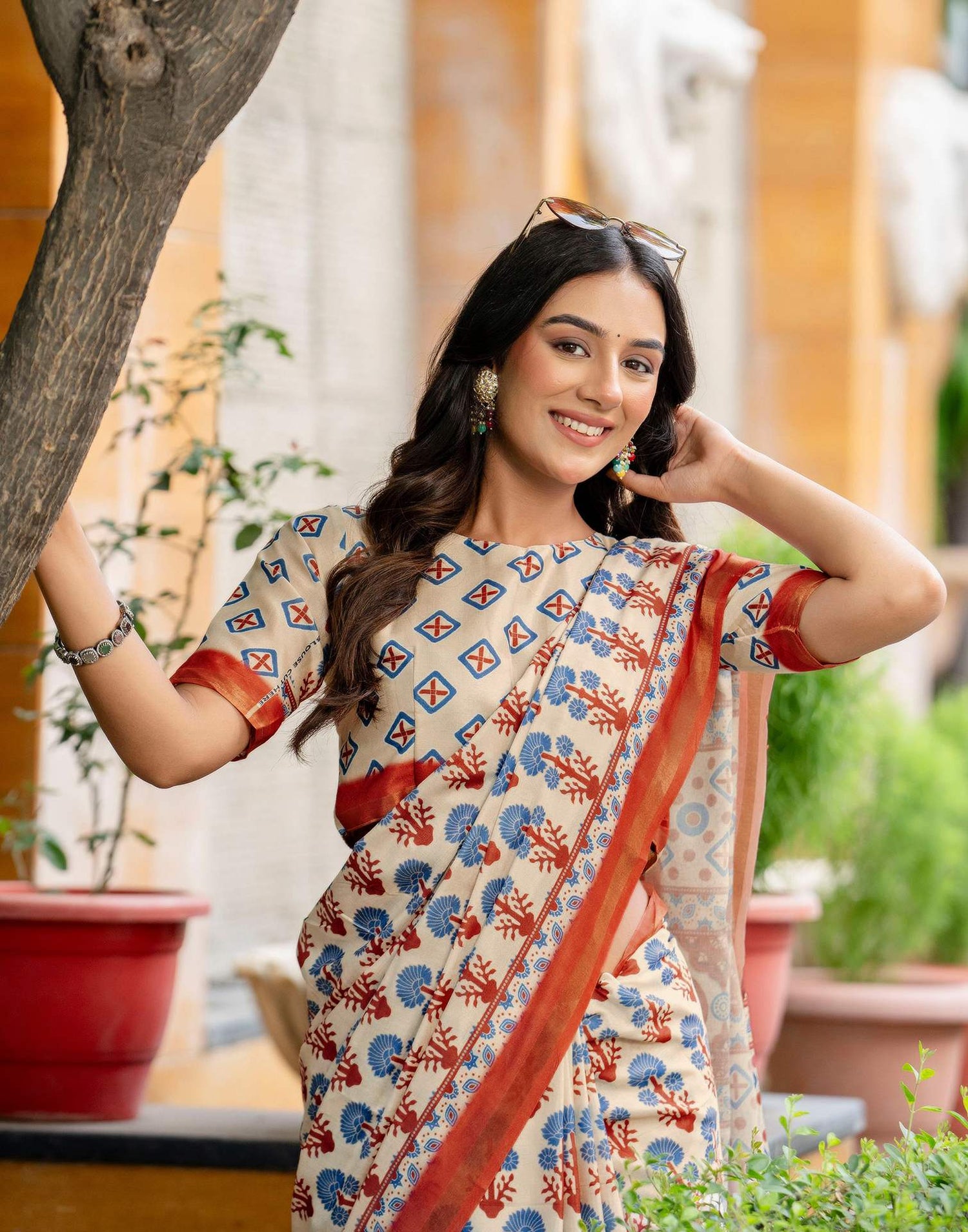 Beige Silk Printed Zari Border Saree