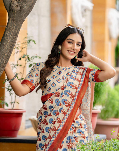 Beige Silk Printed Zari Border Saree