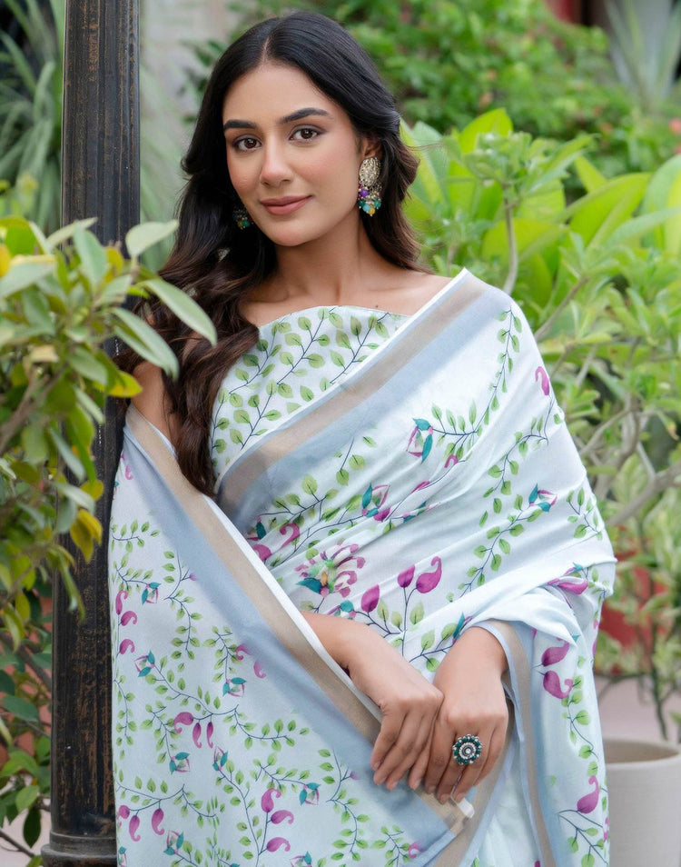 Light Blue Silk Printed Zari Border Saree