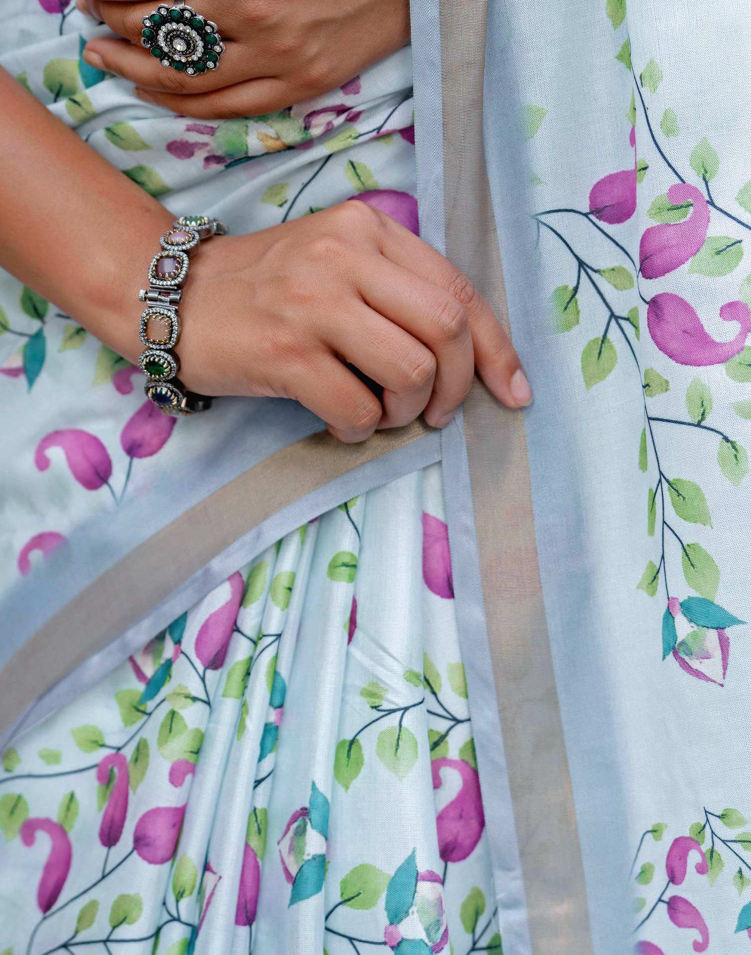 Light Blue Silk Printed Zari Border Saree