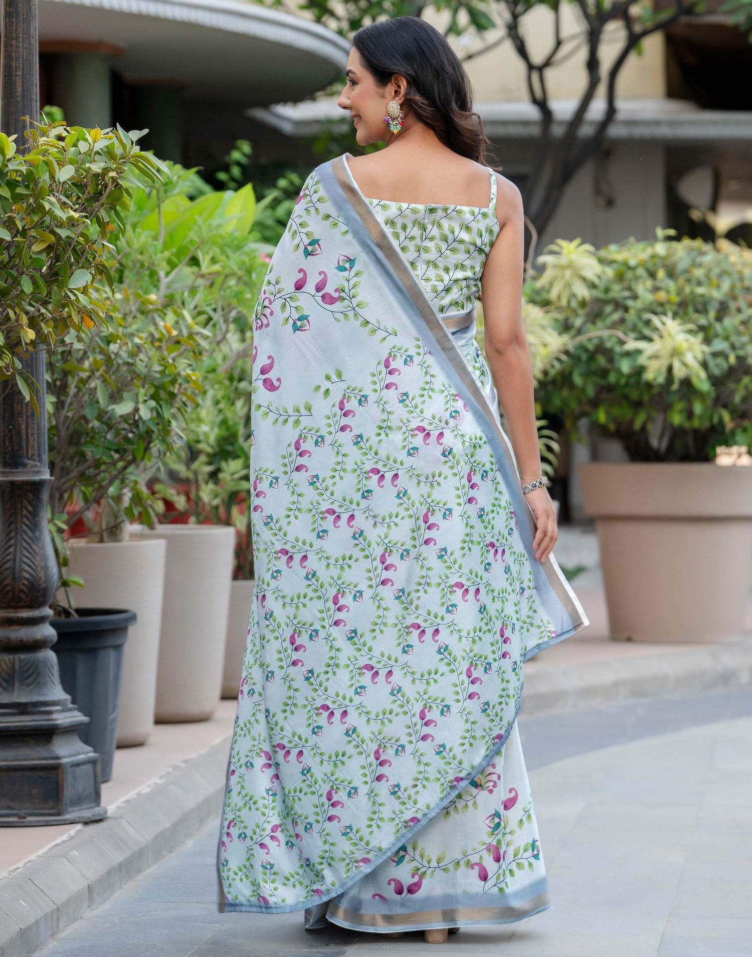 Light Blue Silk Printed Zari Border Saree