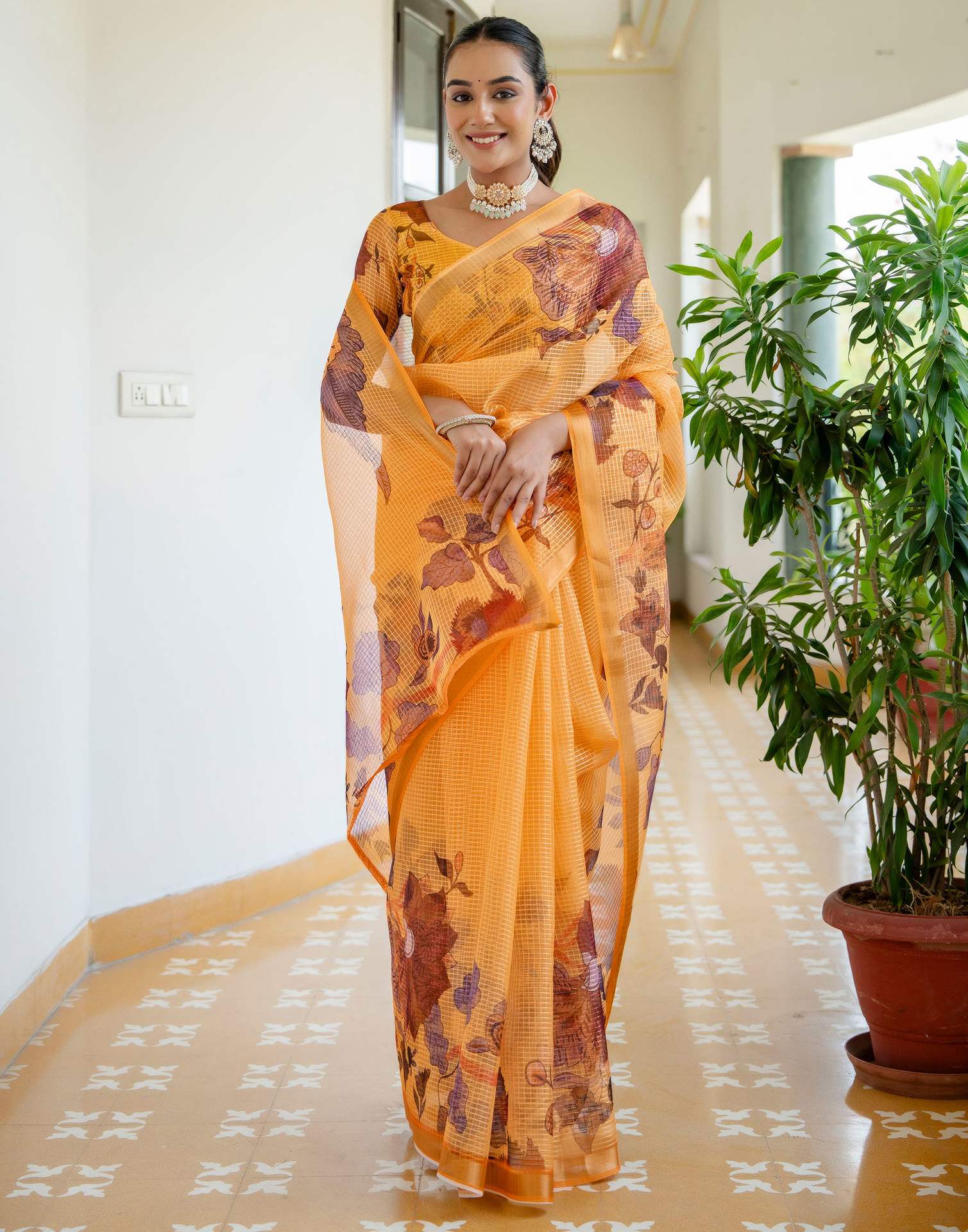Yellow Kota Doria Printed Zari Border Saree