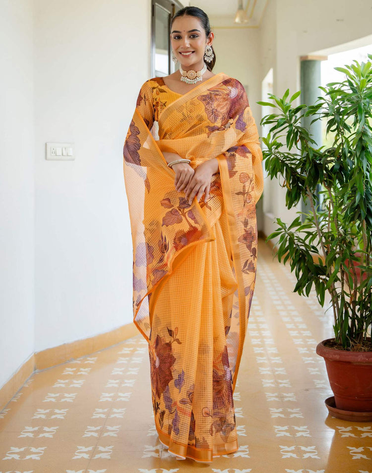 Yellow Kota Doria Printed Zari Border Saree
