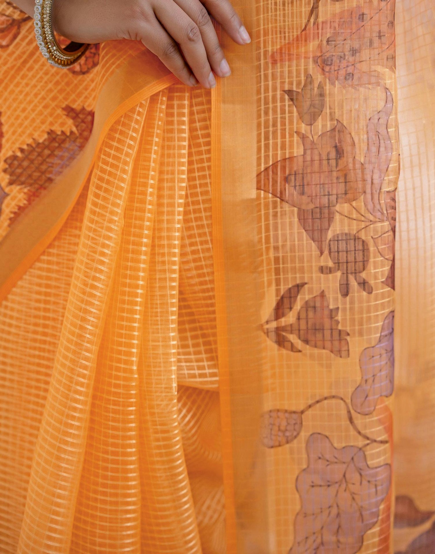 Yellow Kota Doria Printed Zari Border Saree