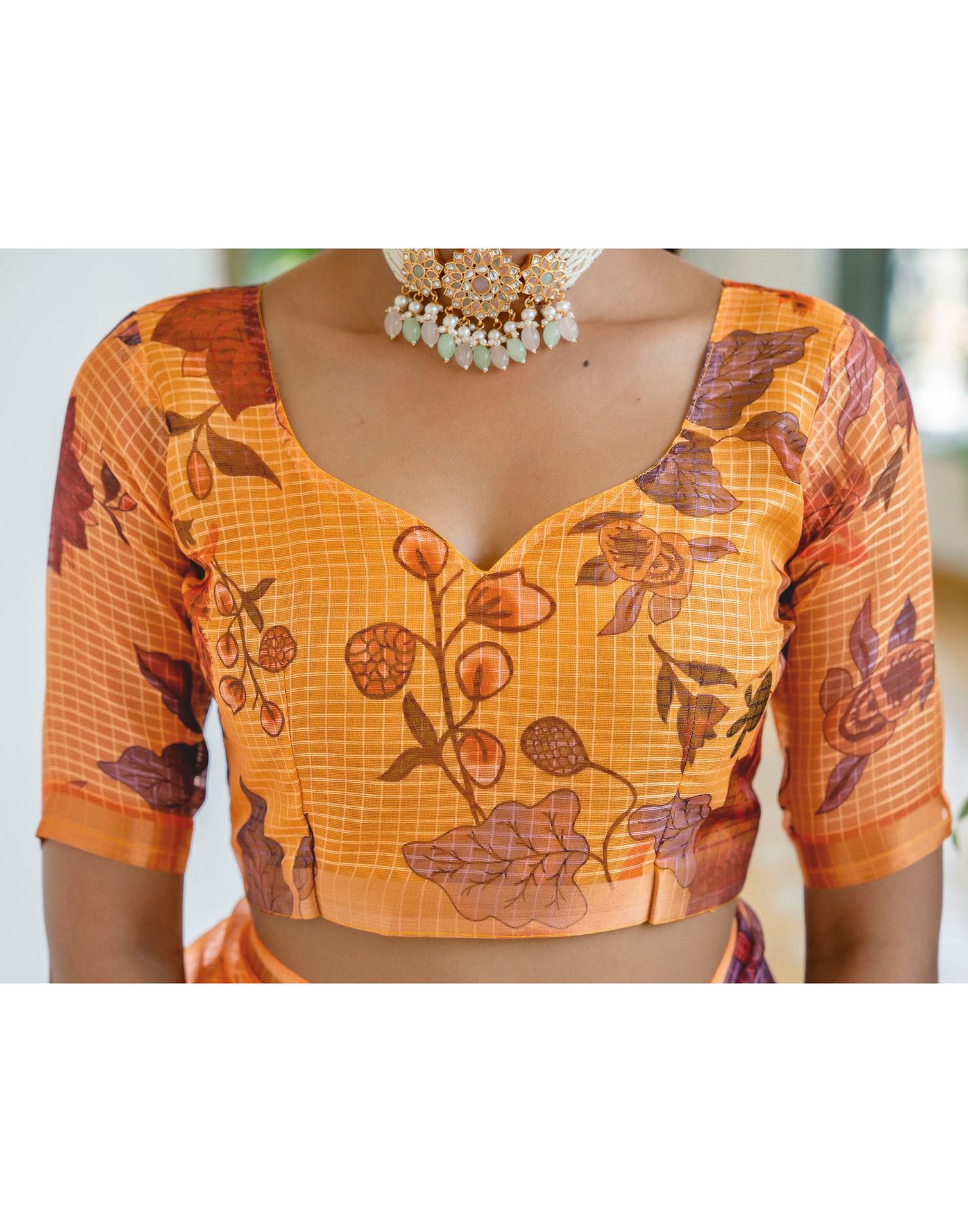 Yellow Kota Doria Printed Zari Border Saree