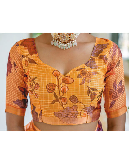 Yellow Kota Doria Printed Zari Border Saree