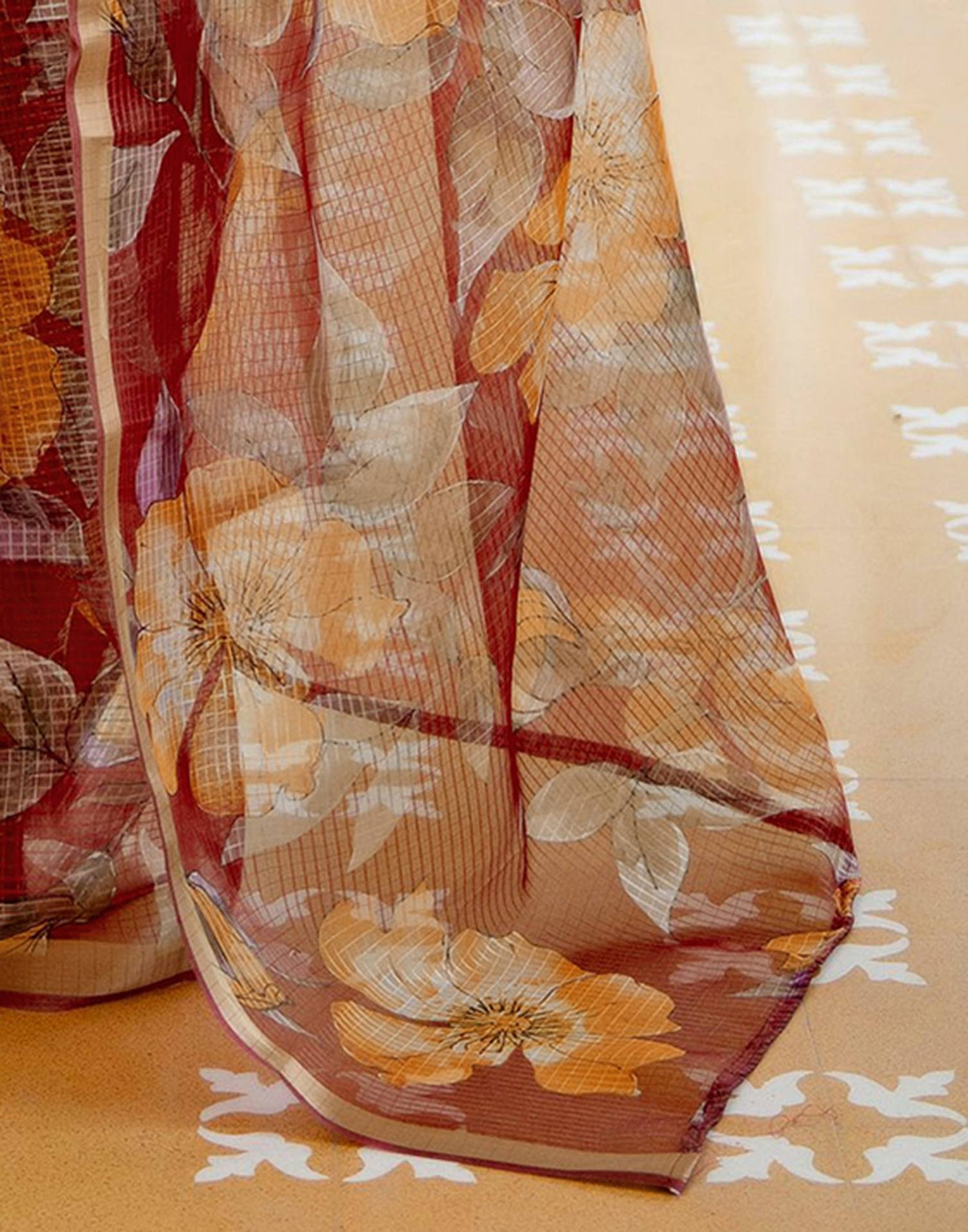 Yellow Kota Doria Printed Zari Border Saree
