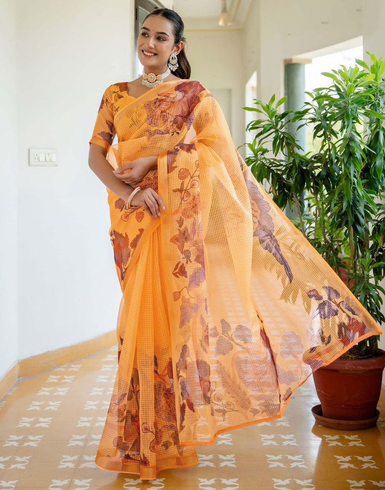Yellow Kota Doria Printed Zari Border Saree