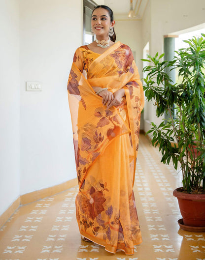 Yellow Kota Doria Printed Zari Border Saree