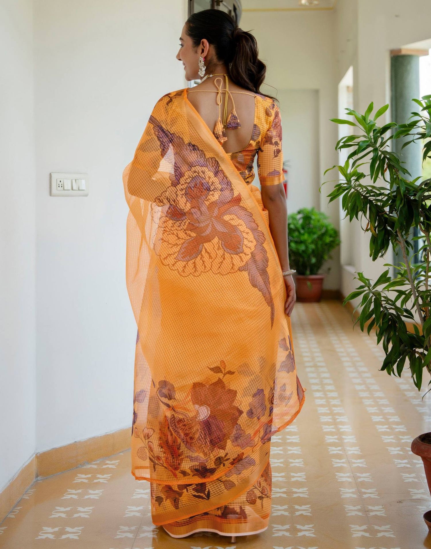 Yellow Kota Doria Printed Zari Border Saree