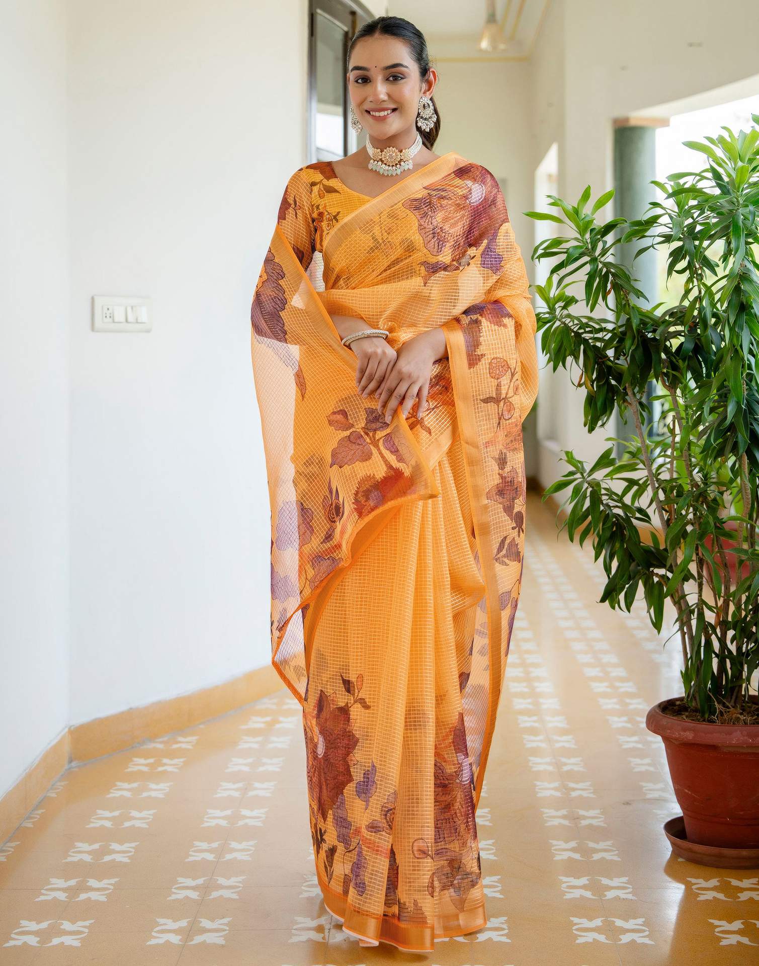 Yellow Kota Doria Printed Zari Border Saree