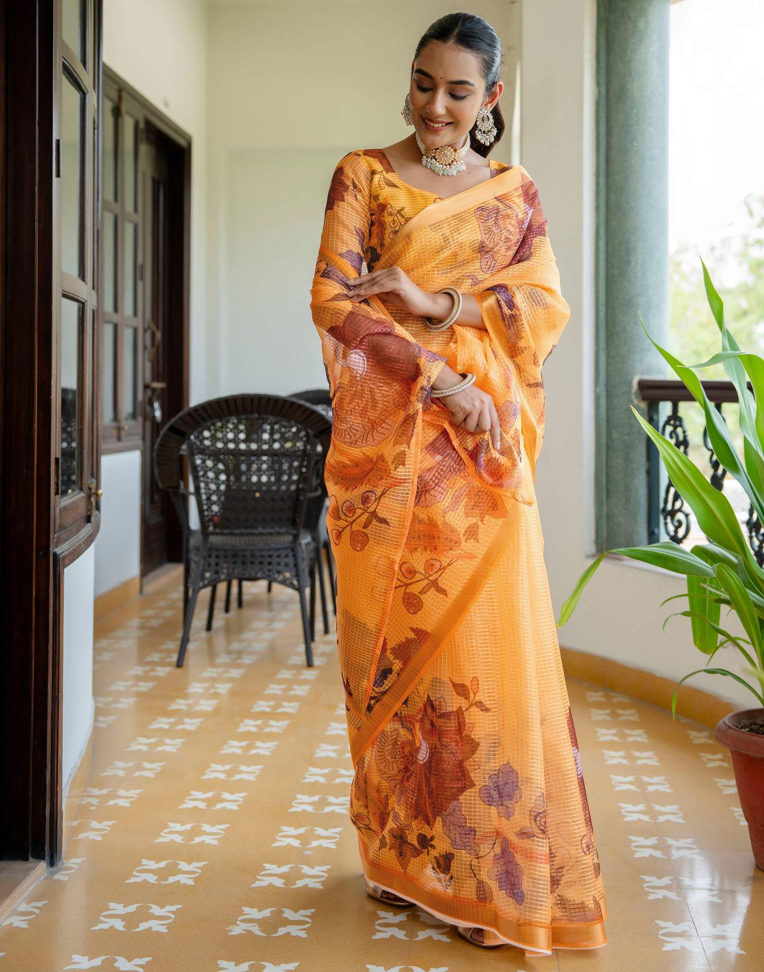 Yellow Kota Doria Printed Zari Border Saree