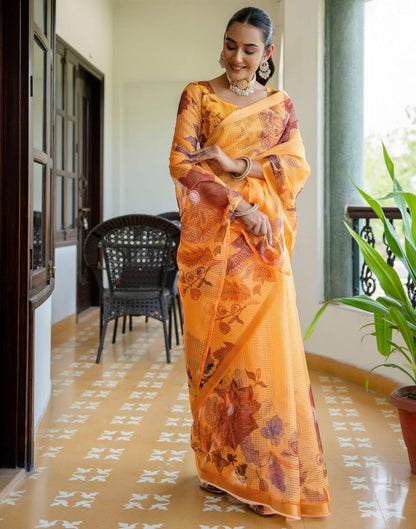 Yellow Kota Doria Printed Zari Border Saree