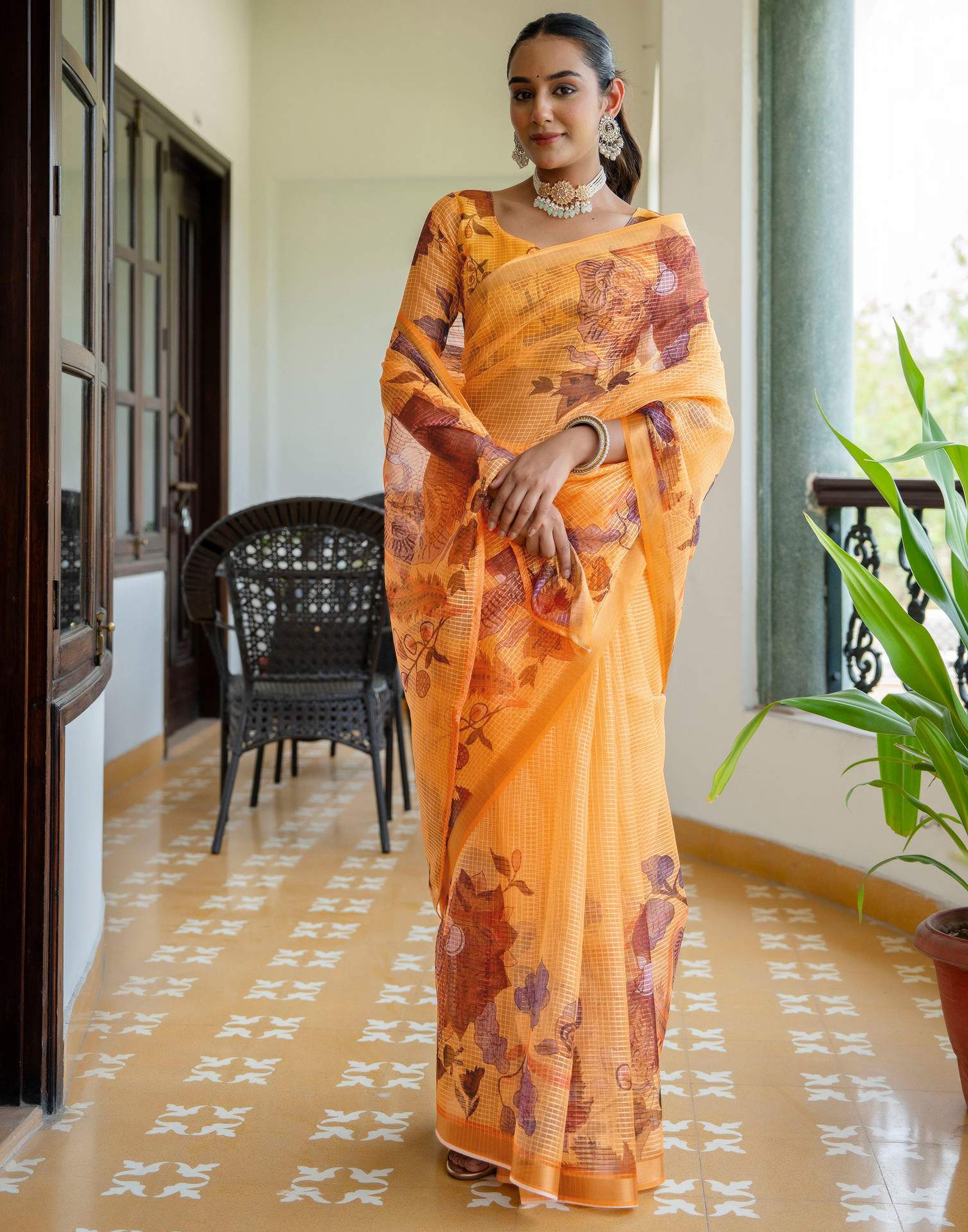 Yellow Kota Doria Printed Zari Border Saree