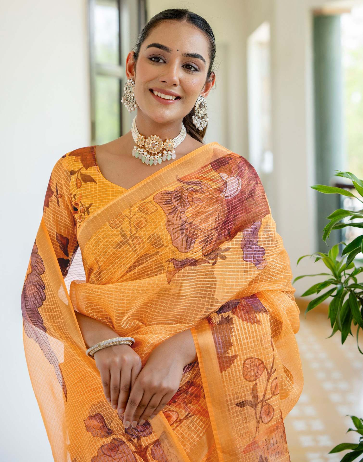 Yellow Kota Doria Printed Zari Border Saree