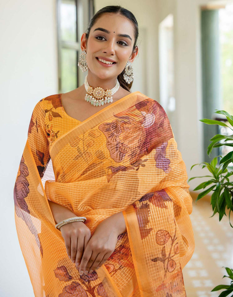 Yellow Kota Doria Printed Zari Border Saree