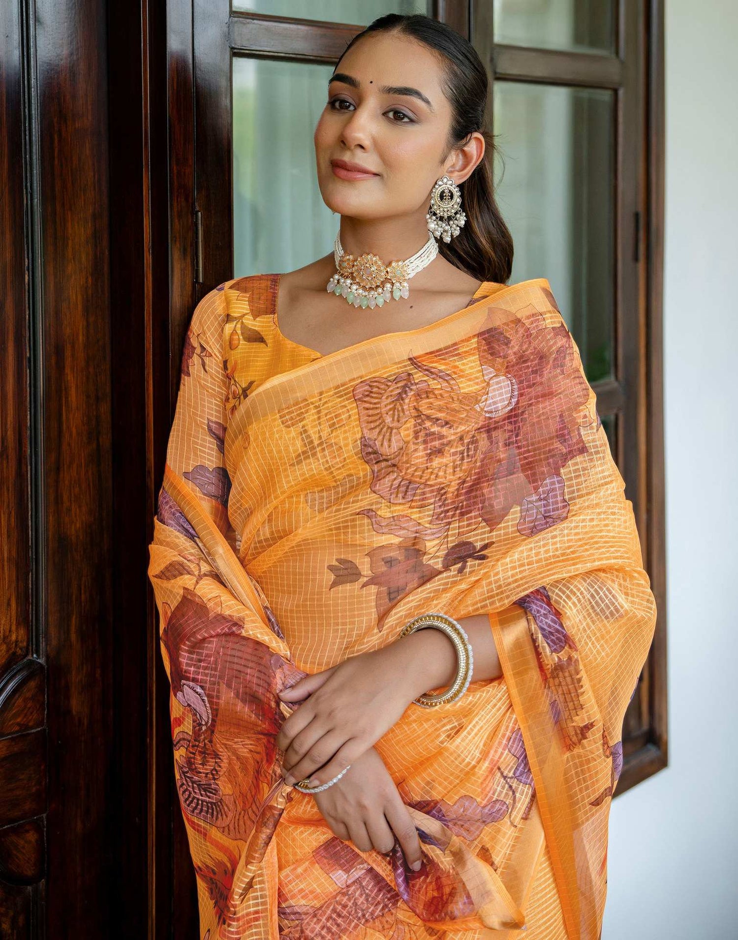 Yellow Kota Doria Printed Zari Border Saree