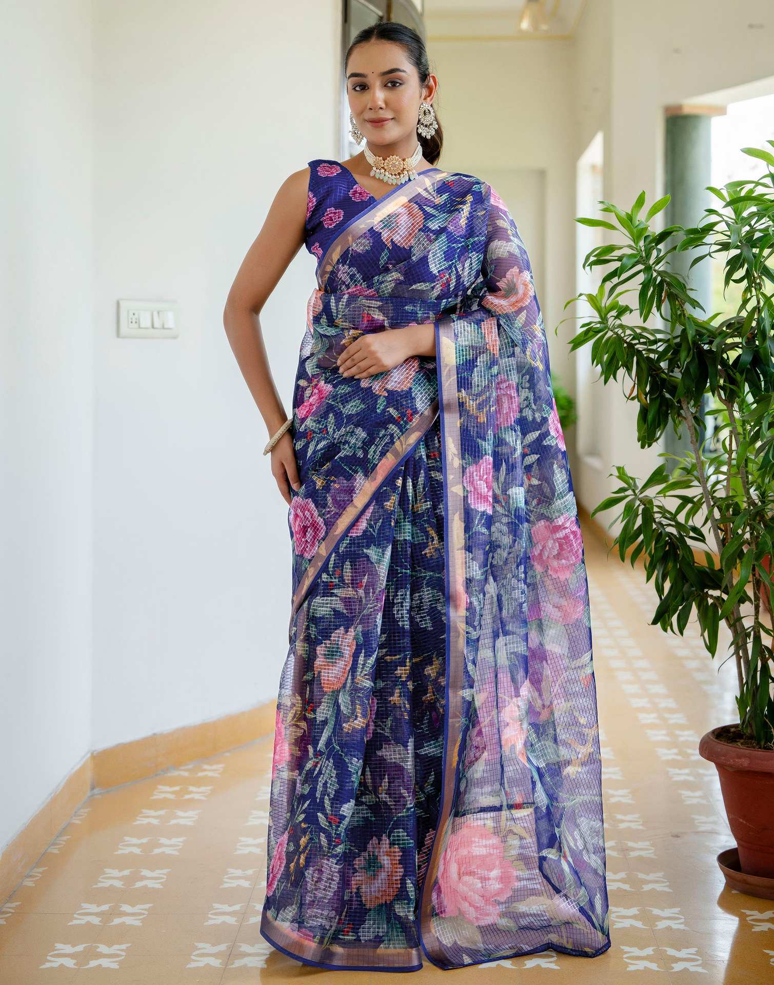 Blue Kota Doria Printed Zari Border Saree