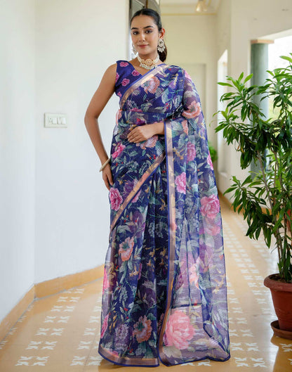 Blue Kota Doria Printed Zari Border Saree