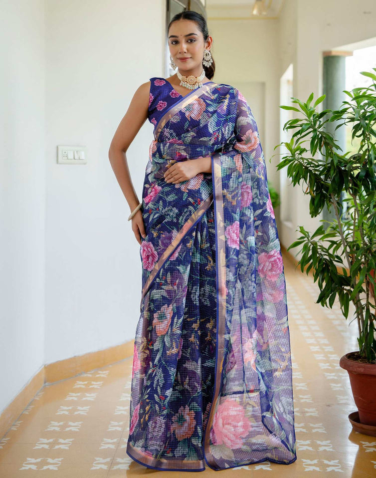 Blue Kota Doria Printed Zari Border Saree