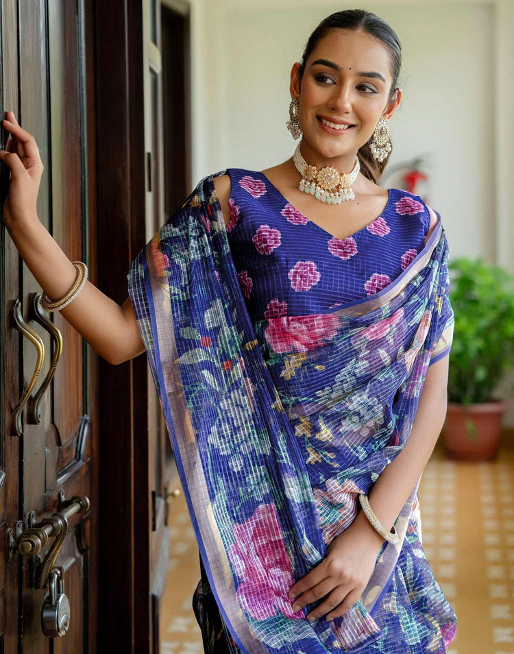 Blue Kota Doria Printed Zari Border Saree