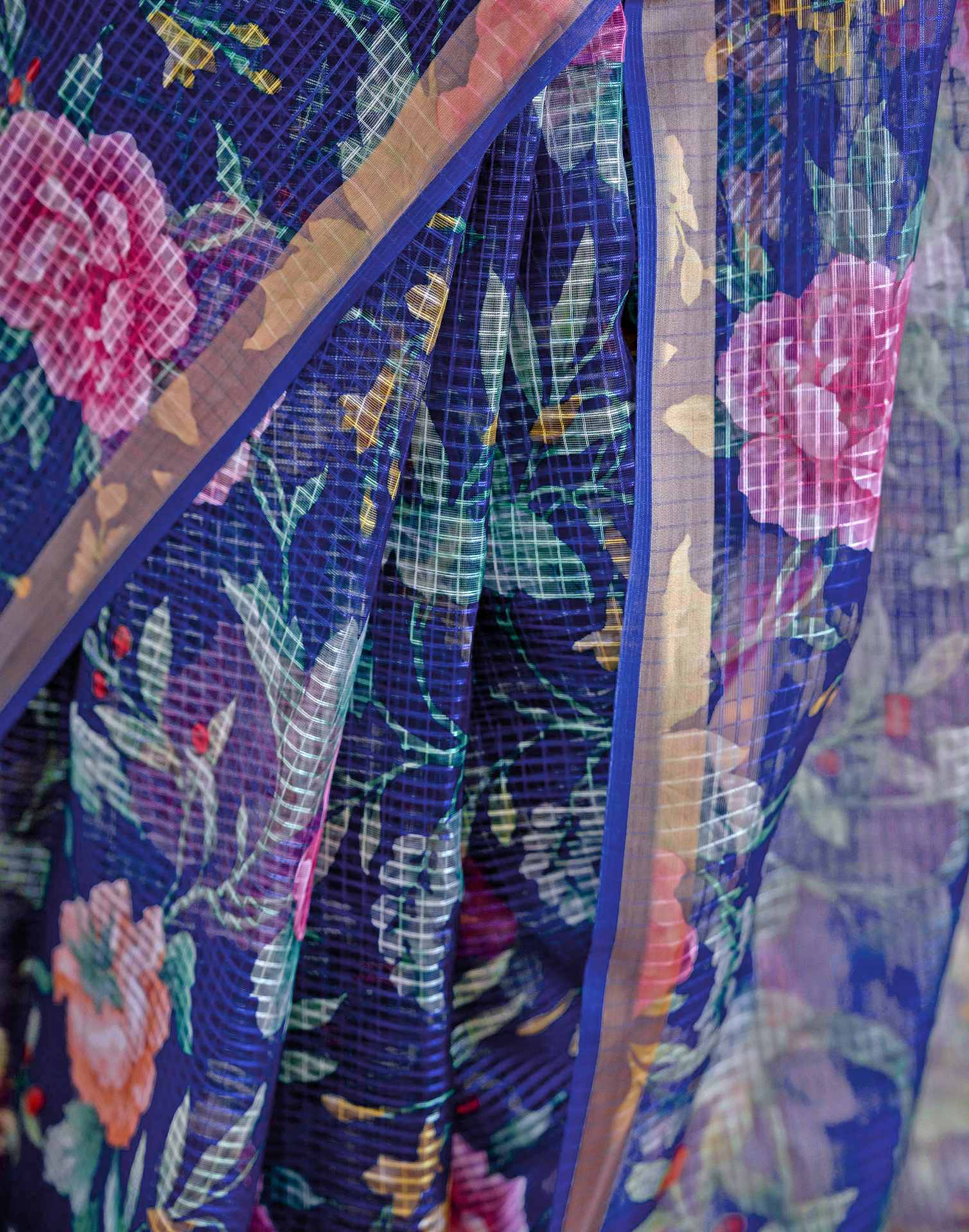 Blue Kota Doria Printed Zari Border Saree
