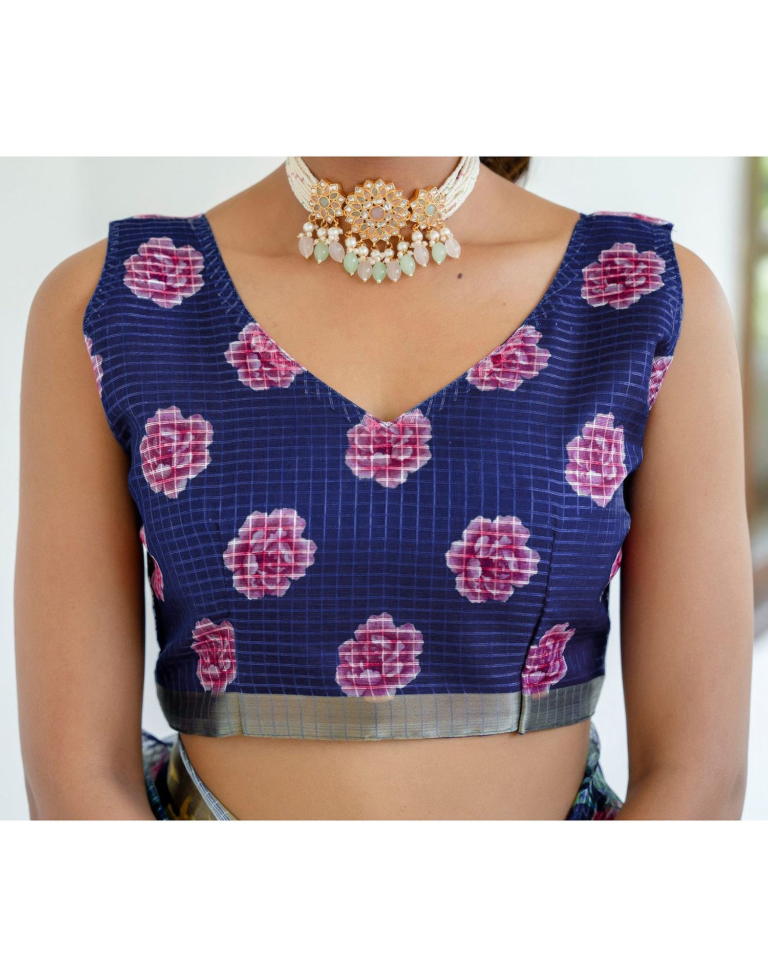 Blue Kota Doria Printed Zari Border Saree