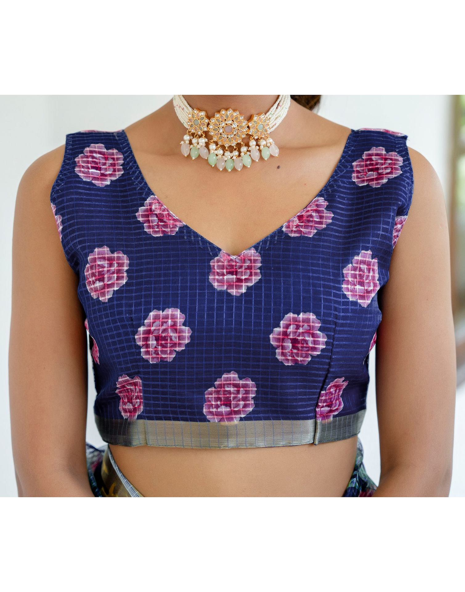 Blue Kota Doria Printed Zari Border Saree